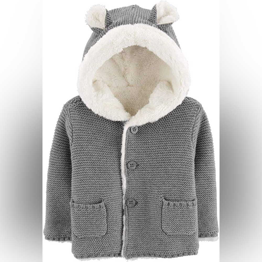 Sherpa Lined Button Up Sweater with Bear Ear Hood